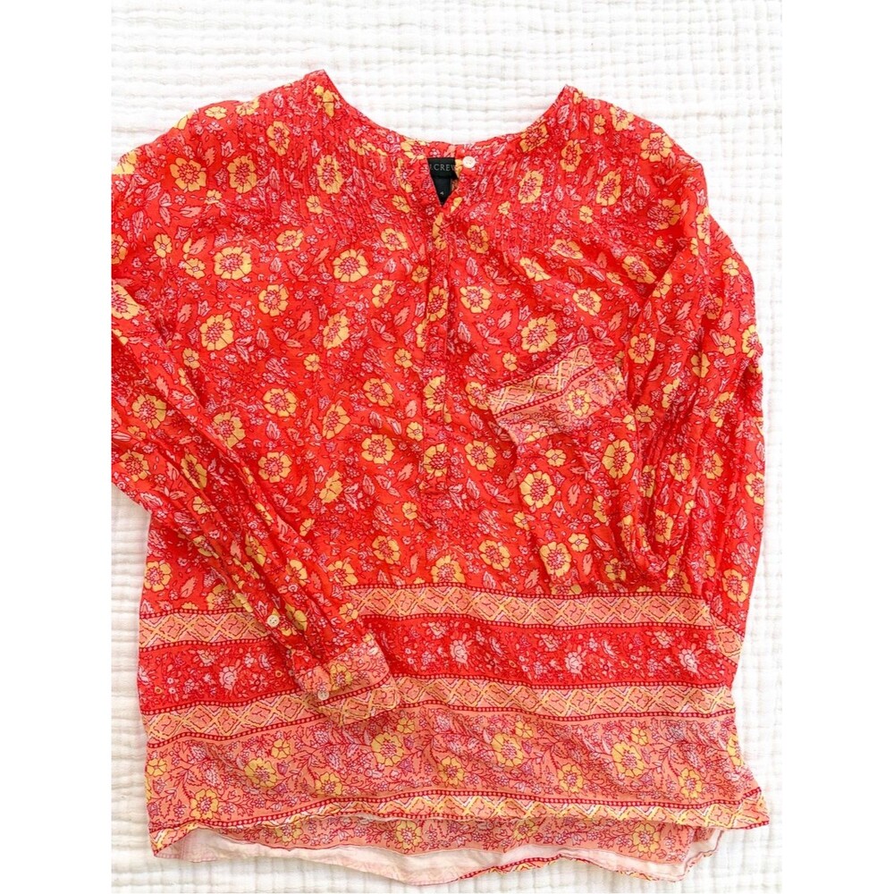 J. Crew Floral Boho Peasant Blouse Size 4 Orange Pink Yellow
